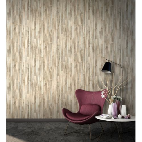 Praxis Vliesbehang Met Smalle Planken Print Naturel - Vergrijsd Licht Beige Houtkleur