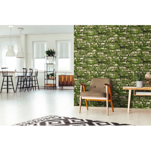 Praxis Vliesbehang Stenen Muur Met Mos Groen - Mosgroen - Zandbeige - Offblack - Donkerzand