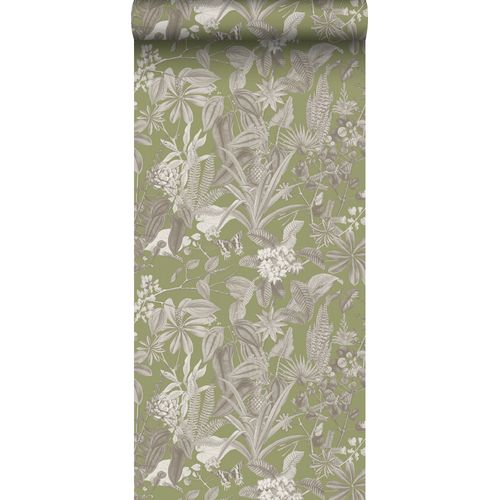 Sanders & Sanders Behang Tropische Bladeren En Bloemen Vergrijsd Groen - 53 Cm X 10 M