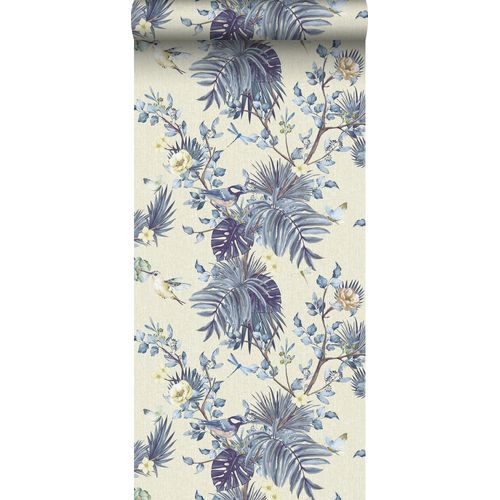 Sanders & Sanders Behang Tropische Jungle Bladeren En Paradijsvogels Vergrijsd Blauw En Beige