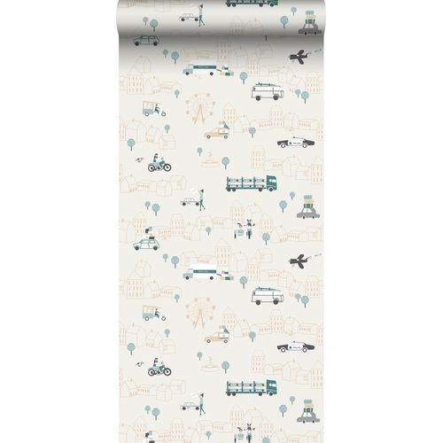 Sanders & Sanders Behang Auto's Vergrijsd Blauw En Lichtbeige - 53 Cm X 10 M - 640289