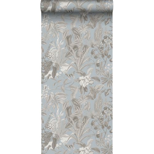 Sanders & Sanders Behang Tropische Bladeren En Bloemen Vergrijsd Blauw - 53 Cm X 10 M