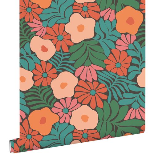 ESTAhome Behang Bloemen In Matisse Stijl Donkergroen, Oranje En Blauw - 50 X 900 Cm