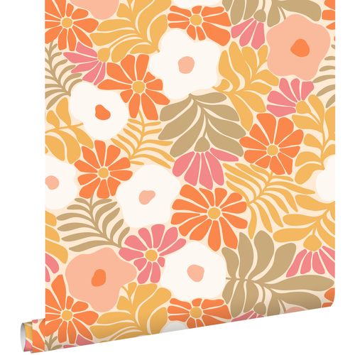 ESTAhome Behang Bloemen In Matisse Stijl Oranje, Geel, Vergrijsd Groen En Roze