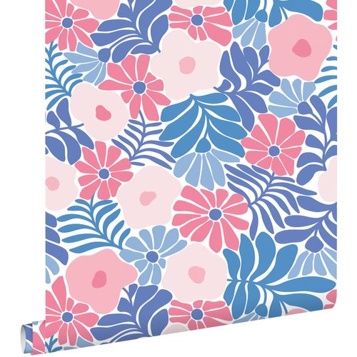 ESTAhome Behang Bloemen In Matisse Stijl Blauw En Roze - 50 X 900 Cm - 131006