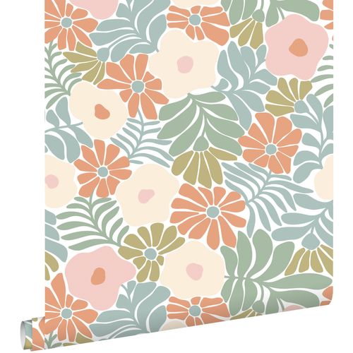 ESTAhome Behang Bloemen In Matisse Stijl Turquoise, Oranje, Olijfgroen En Beige