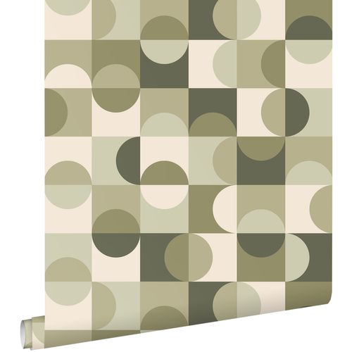 ESTAhome Behang Cirkels In Bauhaus Stijl Vergrijsd Groen En Beige - 50 X 900 Cm