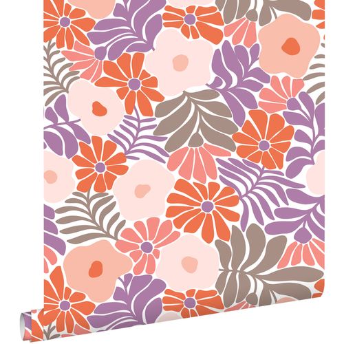 ESTAhome Behang Bloemen In Matisse Stijl Paars, Oranje, Vergrijsd Groen En Roze