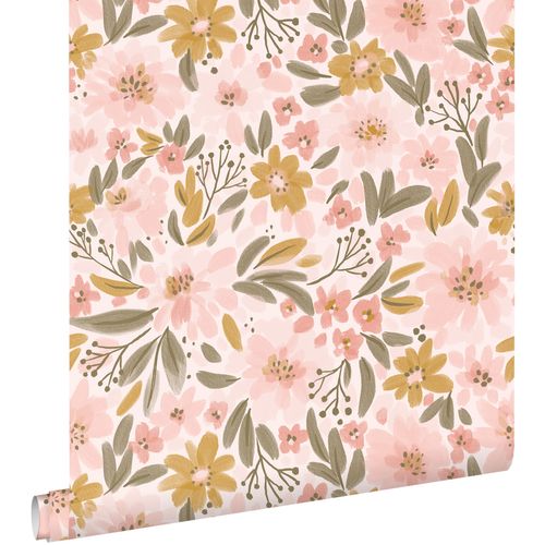 ESTAhome Behang Bloemen Licht Roze, Okergeel En Vergrijsd Groen - 50 X 900 Cm