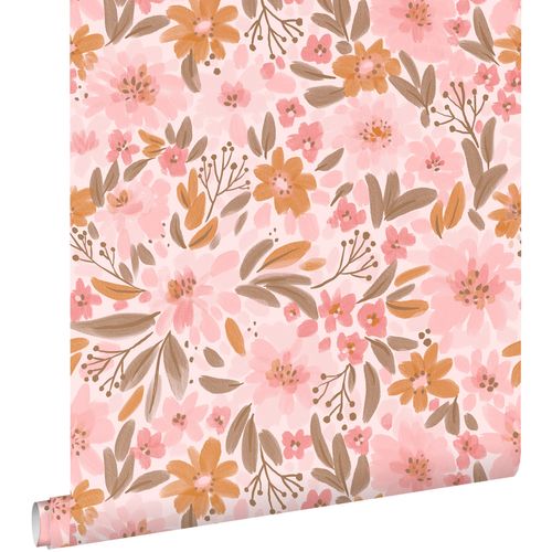 ESTAhome Behang Bloemen Roze, Oranje En Vergrijsd Groen - 50 X 900 Cm - 130925