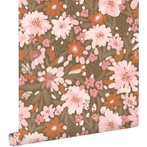 ESTAhome Behang Bloemen Licht Roze, Terracotta En Vergrijsd Groen - 50 X 900 Cm