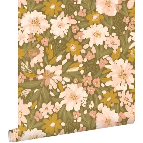 ESTAhome Behang Bloemen Vergrijsd Olijfgroen, Licht Roze En Mosterdgeel - 50 X 900 Cm