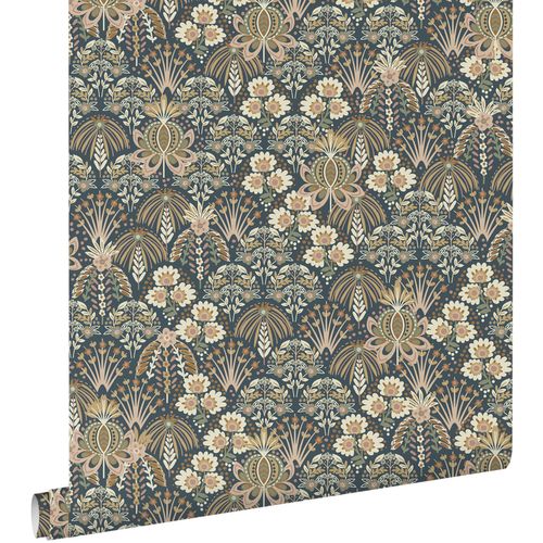 ESTAhome Behang Vintage Bloemen In Art Nouveau Stijl Vergrijsd Donker Blauw