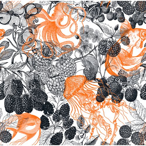 Walls4You Behang Fruit En Dieren Zwart En Oranje - 53 Cm X 10 M - 640118