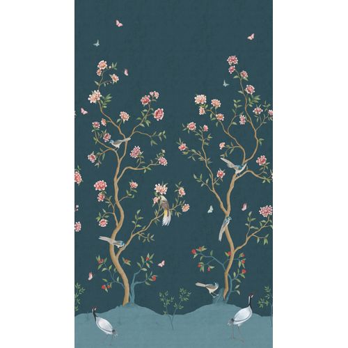 Sanders & Sanders Fotobehang Bloemen En Vogels Vergrijsd Donker Blauw - 53 Cm X 2.8 M