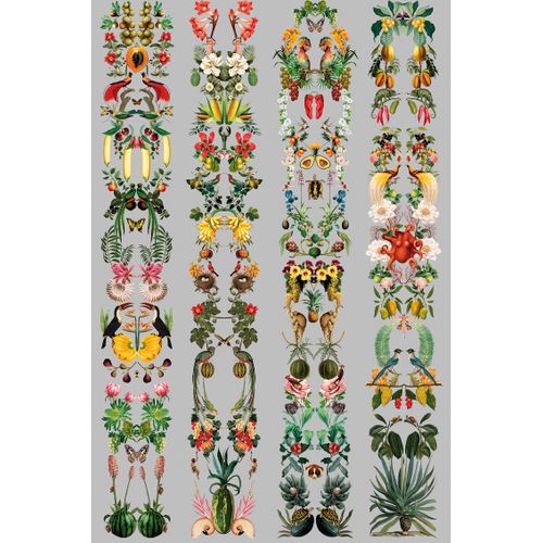 Walls4You Fotobehang Tropische Bladeren En Bloemen Grijs En Meerkleurig - 53 Cm X 3 M