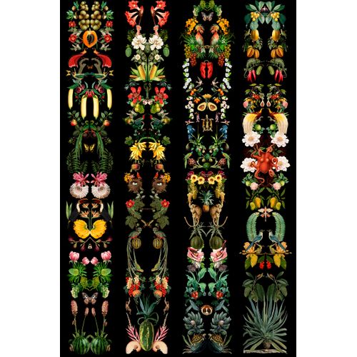 Walls4You Fotobehang Tropische Bladeren En Bloemen Zwart En Meerkleurig - 53 Cm X 3 M