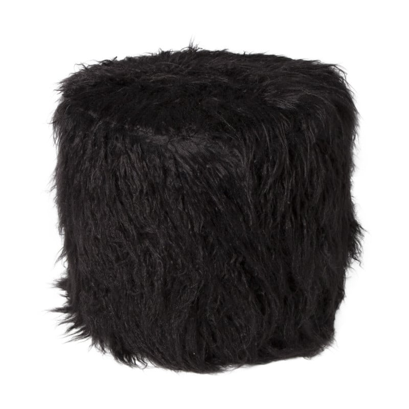 Xenos Poef fluffy - zwart - 38x42x42 cm