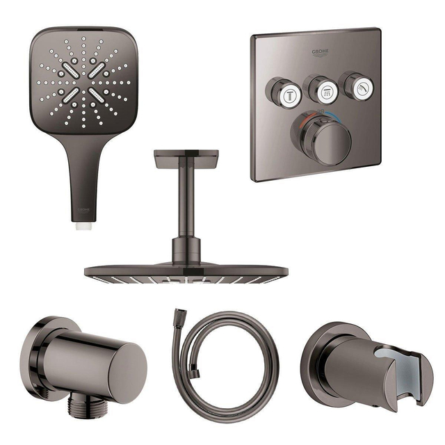 Grohe Rainshower Smartactive Regendoucheset Opbouw -hoofddouche vierkant 31cm - handdouche vierkant - plafondarm - inbouwbox -hard graphite sw98821/sw98892/sw98900/sw105953/sw108085/sw472429