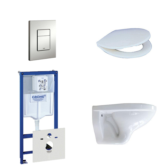 Grohe Adema Classico toiletset bestaande uit inbouwreservoir, toiletpot, toiletzitting en bedieningsplaat mat chroom 0720002/0729205/4345100/0261520/