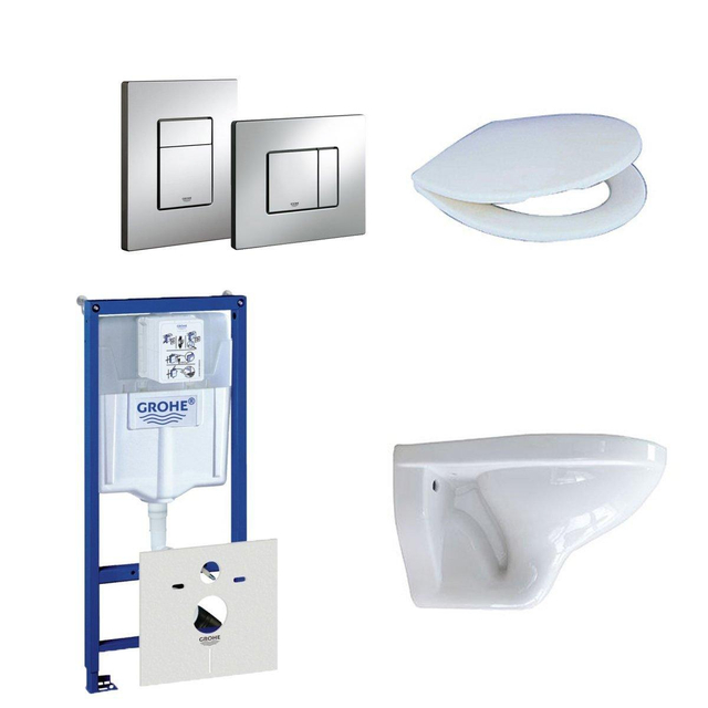 Grohe Adema Classico toiletset bestaande uit inbouwreservoir, toiletpot, toiletzitting en bedieningsplaat chroom 0720001/0729205/4345100/0261520/