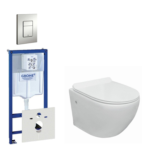 Grohe Go compact Toiletset - spoelrandloos -  inbouwreservoir - flatline toiletzitting - bedieningsplaat - mat chroom 0720002/0729205/sw242519/