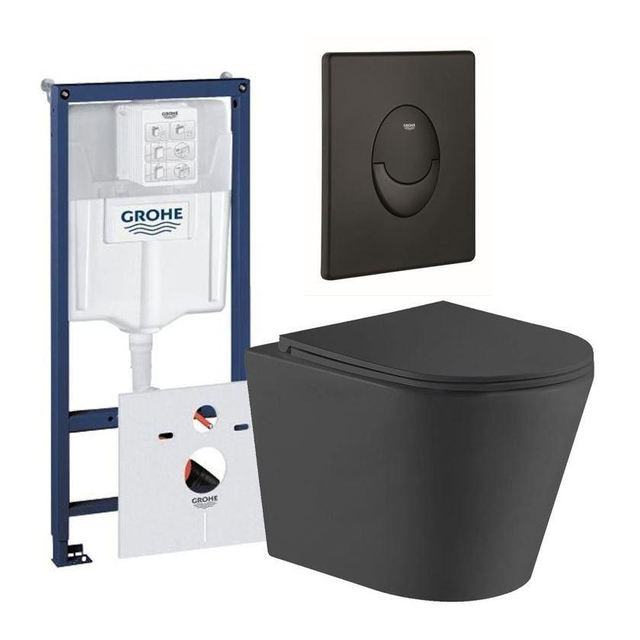 Grohe QeramiQ Dely Toiletset -  inbouwreservoir - mat zwarte bedieningsplaat - ovaal toilet - zitting - mat zwart 0729205/sw543433/sw656735/