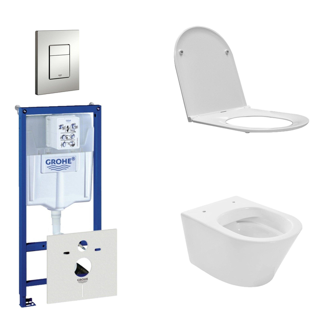 Grohe Praya Vesta Toiletset - spoelrandloos - inbouwreservoir - softclose - quickrelease - bedieningsplaat - mat chroom 0720002/0729205/sw95748/sw96079/