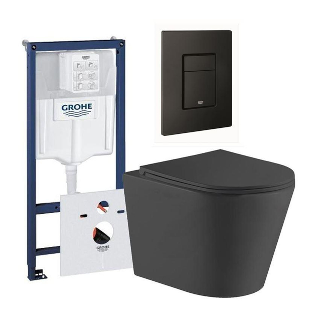 Grohe QeramiQ Dely Toiletset -  inbouwreservoir - mat zwarte bedieningsplaat - rechthoek toilet - zitting - mat zwart 0729205/sw543433/sw656727/