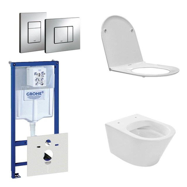 Grohe Praya Vesta Toiletset - spoelrandloos - inbouwreservoir - softclose - quickrelease - bedieningsplaat - chroom 0720001/0729205/sw95748/sw96079/