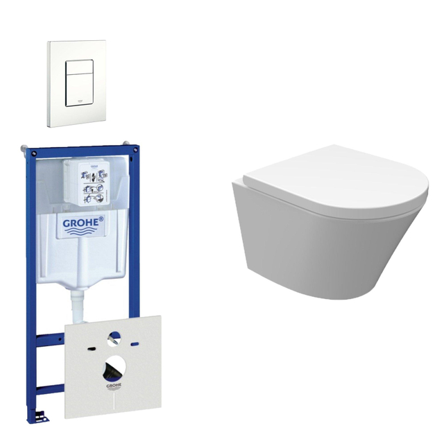 Grohe Wiesbaden Vesta Spoelrandloos toiletset bestaande uit inbouwreservoir, compact wandcloset met toiletzitting en bedieningsplaat wit 0720003/0729205/sw98662/