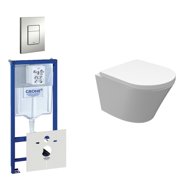 Grohe Wiesbaden Vesta Spoelrandloos toiletset bestaande uit inbouwreservoir, compact wandcloset met toiletzitting en bedieningsplaat mat chroom 0720002/0729205/sw98662/