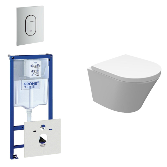 Grohe Wiesbaden Vesta Spoelrandloos toiletset bestaande uit inbouwreservoir, compact wandcloset met toiletzitting en bedieningsplaat verticaal wit 0729205/0729241/sw98662/