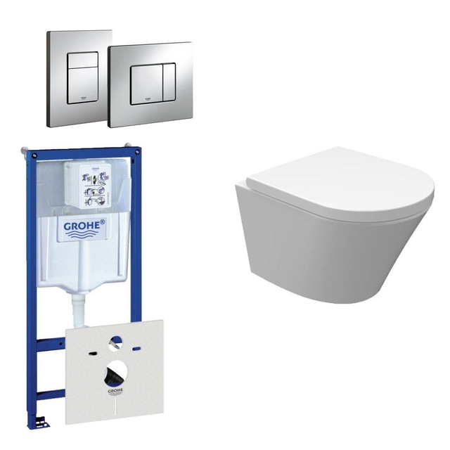 Grohe Wiesbaden Vesta Spoelrandloos toiletset bestaande uit inbouwreservoir, compact wandcloset met toiletzitting en bedieningsplaat chroom 0720001/0729205/sw98662/