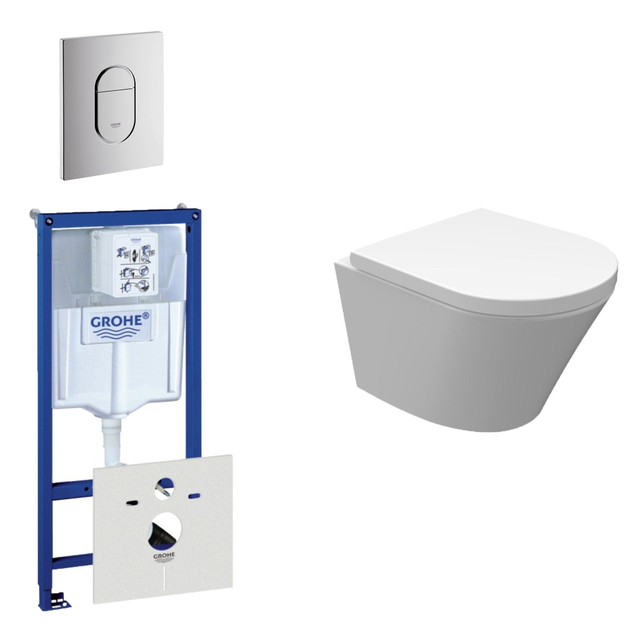 Grohe Wiesbaden Vesta Spoelrandloos toiletset bestaande uit inbouwreservoir, compact wandcloset met toiletzitting en bedieningsplaat verticaal chroom 0729205/0729240/sw98662/