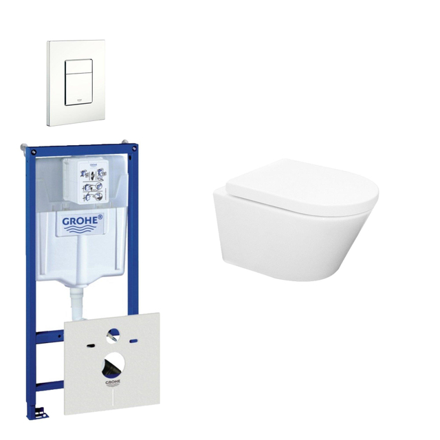 Grohe Wiesbaden Vesta Spoelrandloos toiletset bestaande uit inbouwreservoir, toiletpot met softclose toiletzitting en bedieningsplaat wit 0720003/0729205/sw65812/