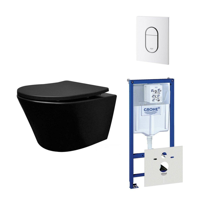 Grohe Wiesbaden Vesta toiletset spoelrandloos 52cm mat zwart  inbouwreservoir softclose en quickrelease toiletzitting met bedieningsplaat wit 0729205/0729242/sw228315/