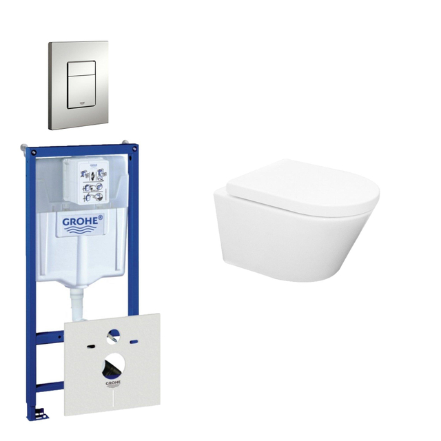 Grohe Wiesbaden Vesta Spoelrandloos toiletset bestaande uit inbouwreservoir, toiletpot met softclose toiletzitting en bedieningsplaat mat chroom 0720002/0729205/sw65812/