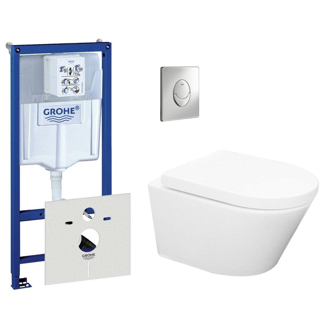 Grohe Wiesbaden Vesta Spoelrandloos toiletset bestaande uit inbouwreservoir, toiletpot met softclose toiletzitting en bedieningsplaat verticaal chroom 0729120/0729205/sw65812/