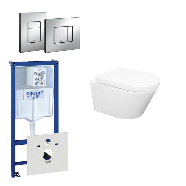 Grohe Wiesbaden Vesta Spoelrandloos toiletset bestaande uit inbouwreservoir, toiletpot met softclose toiletzitting en bedieningsplaat chroom 0720001/0729205/sw65812/