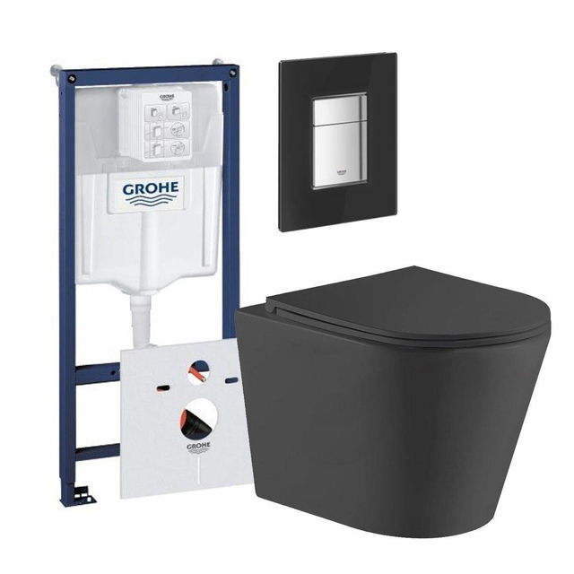 Grohe QeramiQ Dely Toiletset -  inbouwreservoir - zwart glazen bedieningsplaat - toilet - zitting - mat zwart 0729205/0729166/sw543433/