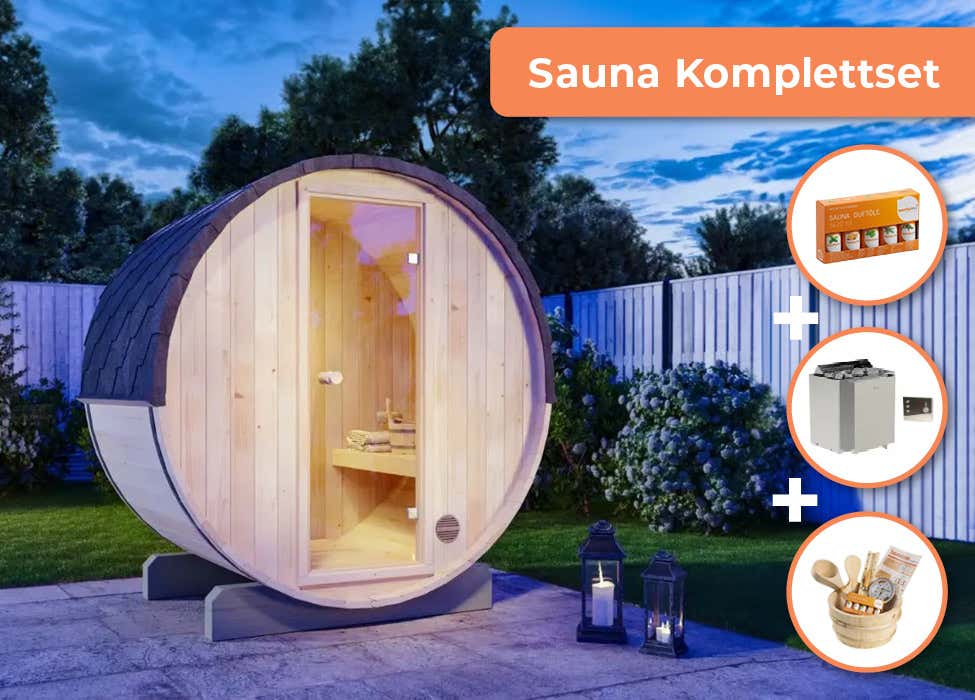 FinnTherm Fasssauna Sauna-Komplettset Mini XXS, BxTxH: 194 x 130 x 194 cm, 42 mm