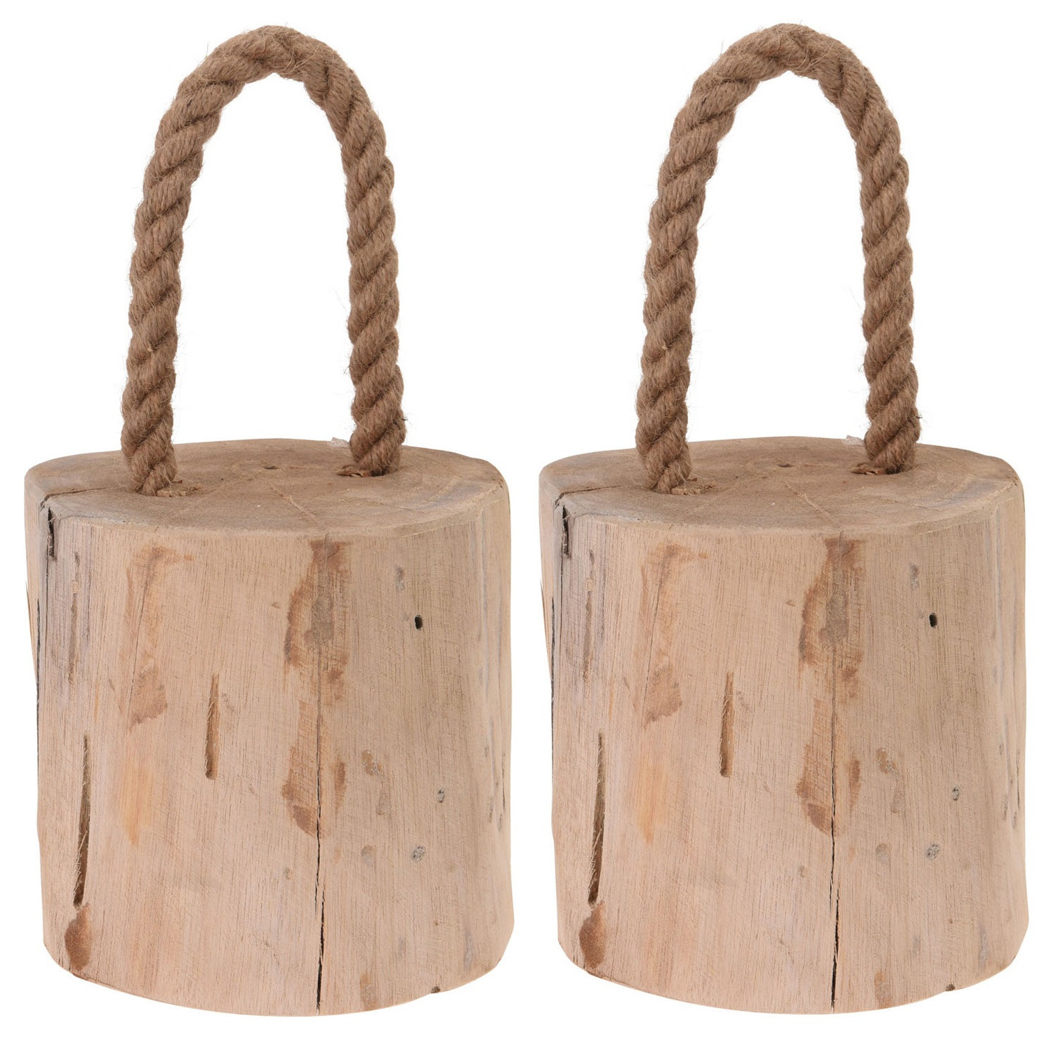 Merkloos 2x Deurstoppers teak met draagtouw 14 cm -