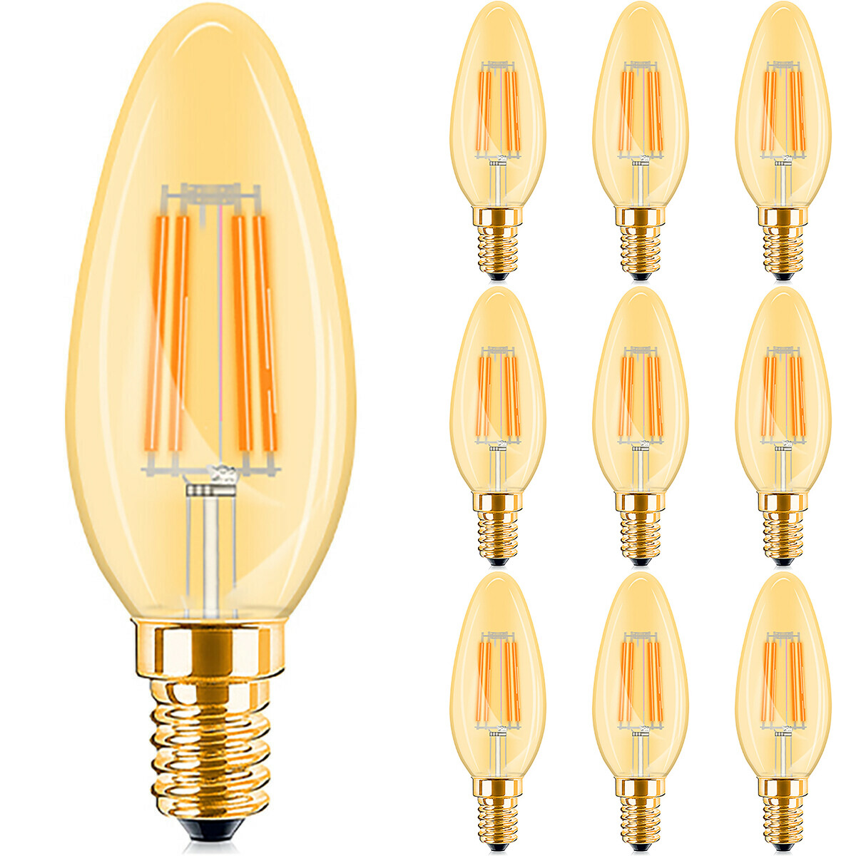 BES LED Voordeelpak 10x LED Lamp E14 Kaars Filament - Brinton - Amber 4W 360lm - 822 Zeer Warm Wit 2200K - C35 | Vervangt 32W