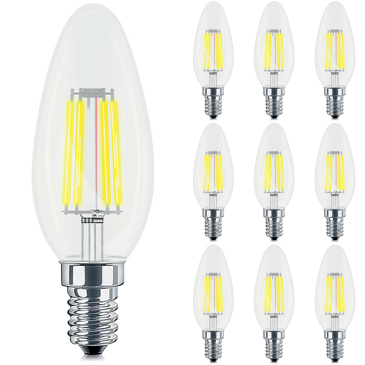 BES LED Voordeelpak 10x LED Lamp E14 Kaars Filament - Brinton - Helder 4W 470lm - 830 Warm Wit 3000K - C35 - CLR - Dimbaar | Vervangt 40W