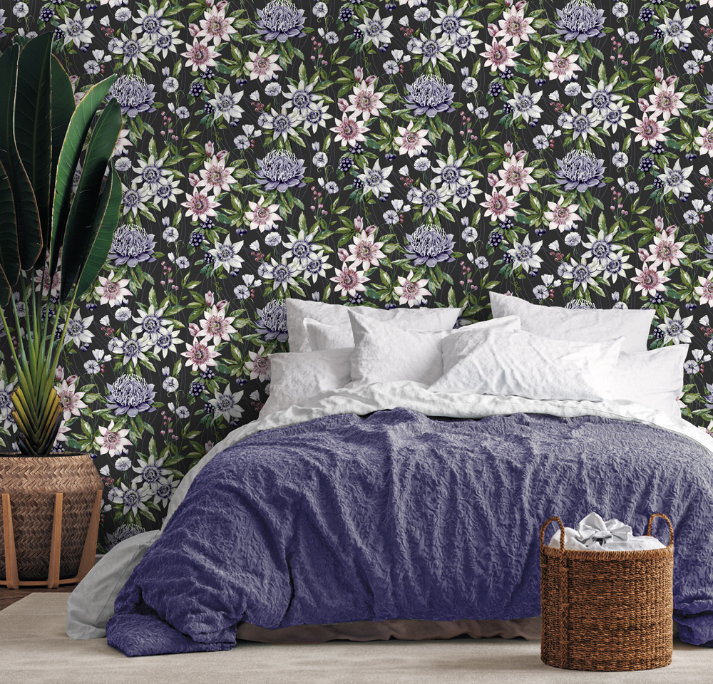 Dutch Wallcoverings Amazonia - Passiflora Black - Zwart