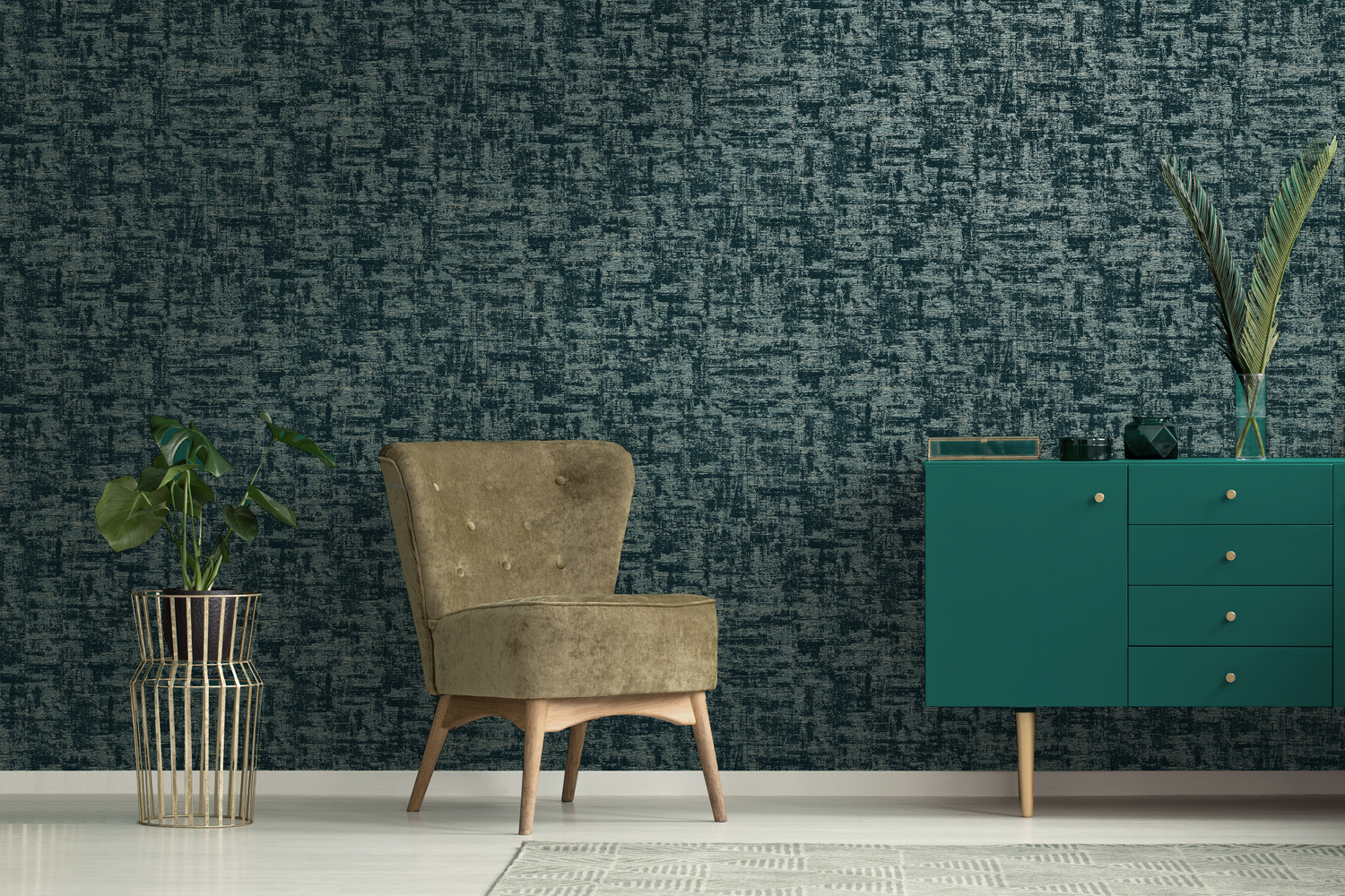 Dutch Wallcoverings Khalili - Brindle Flock Teal - Blauw/Zwart