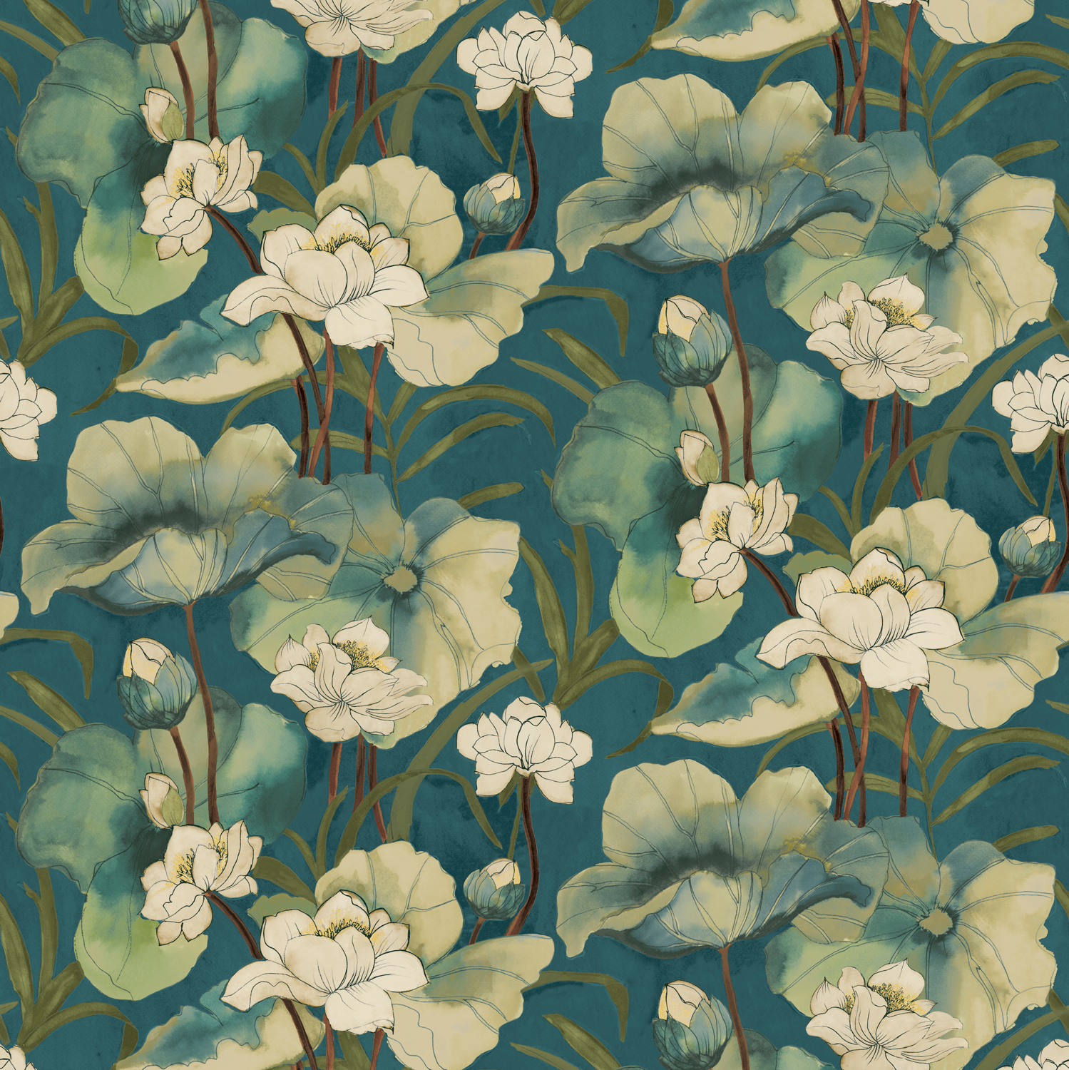 Dutch Wallcoverings Designology - Waterlily Petrol - Multi