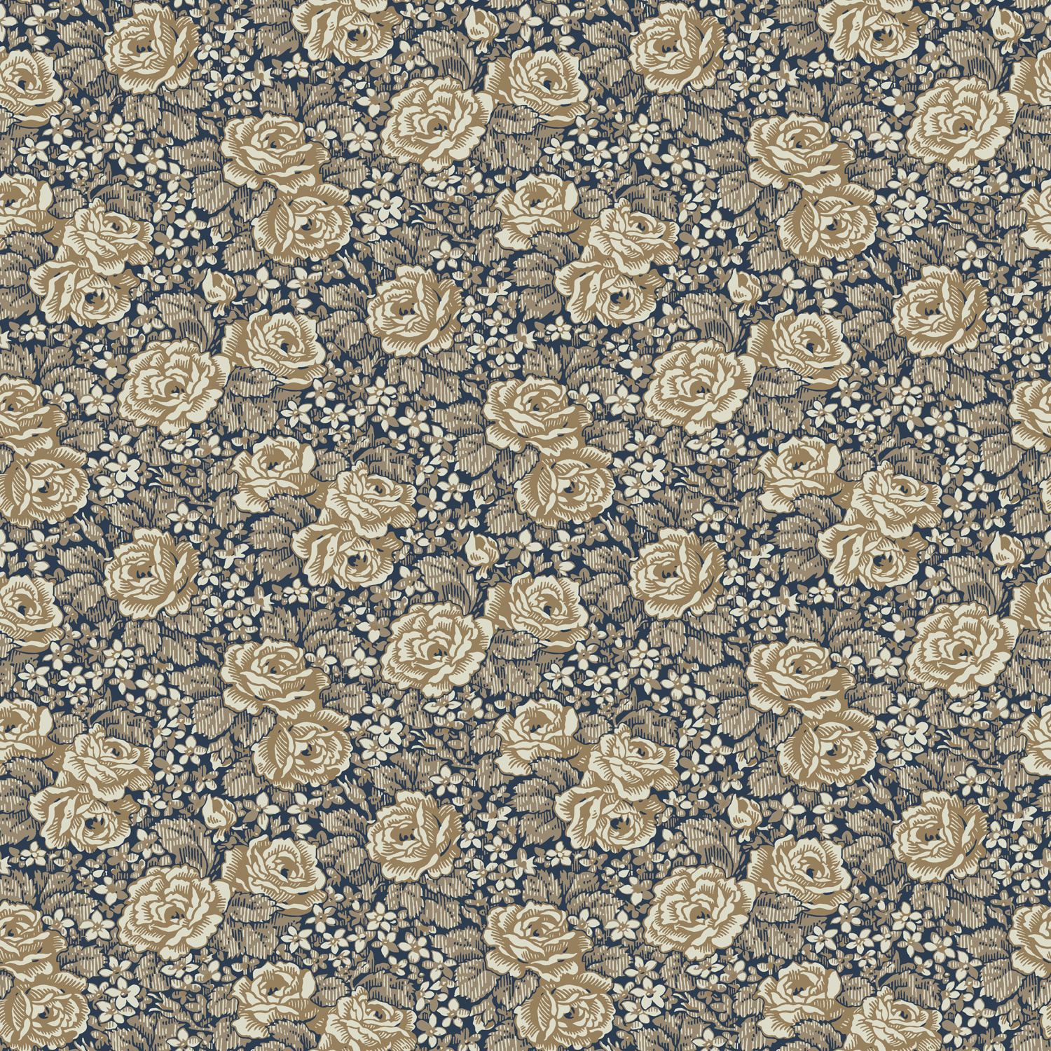 Dutch Wallcoverings Rosenlycka - Roses Blue/Ochre - Blauw/Oker