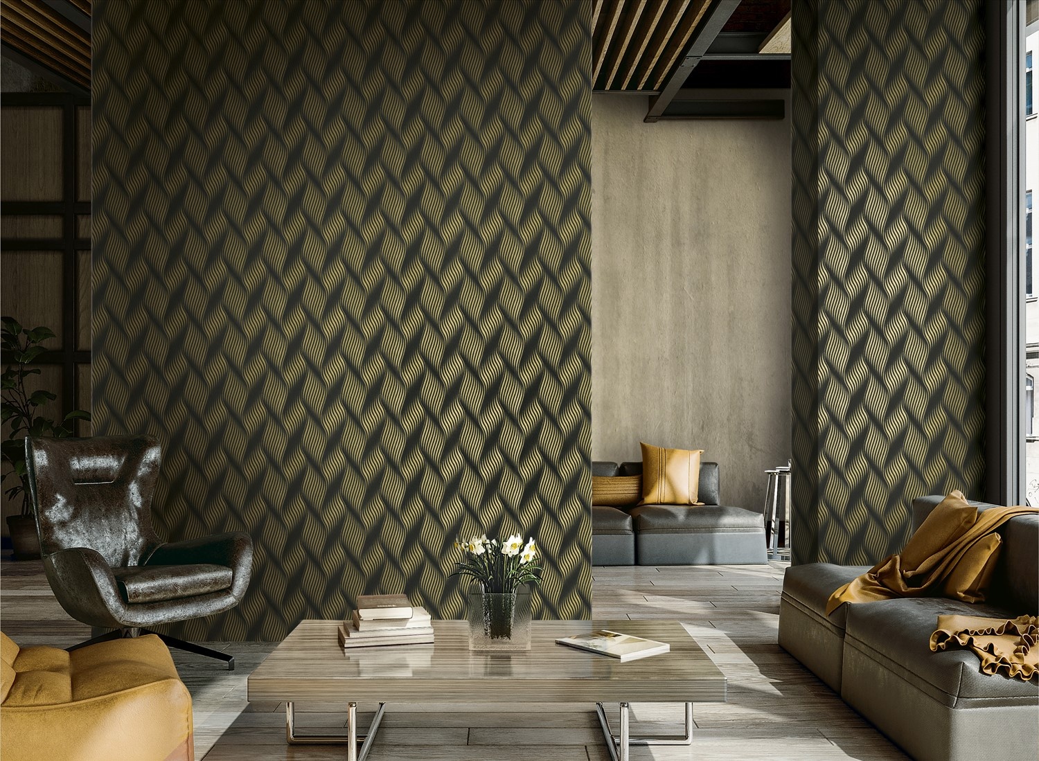 Dutch Wallcoverings New Tekko Golf - Zwart/Goud